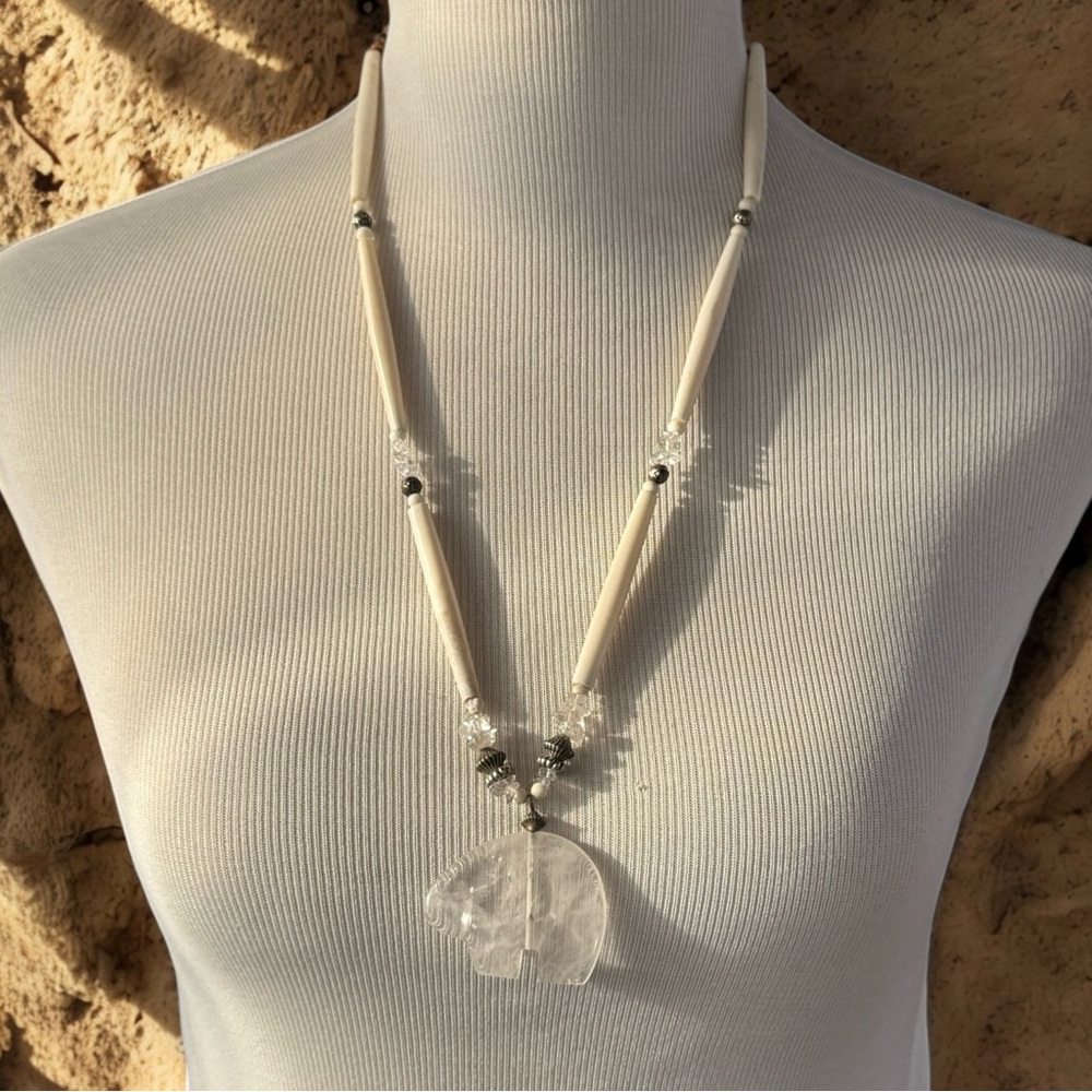Vintage Clear Southwestern Quartz Bear Pendant Necklace 26” Carved Rock Crystal